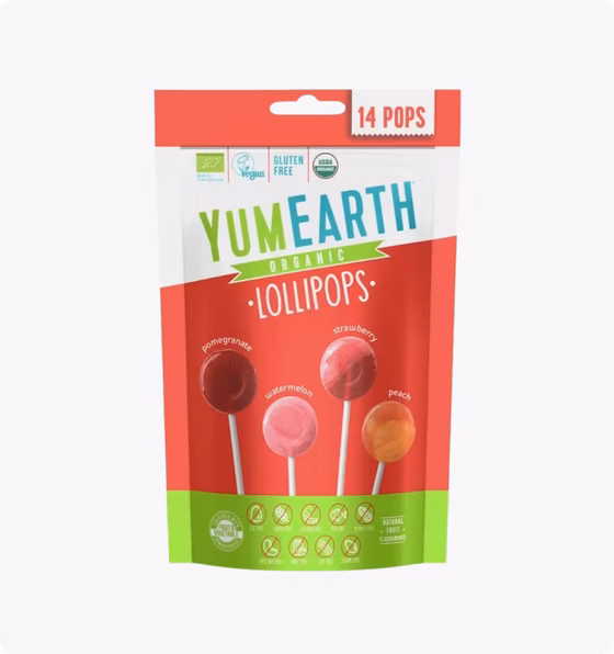 YumEarth, Organic Fruity Pops: Гранат, клубника, персик, арбуз, 14 леденцов, 87 г