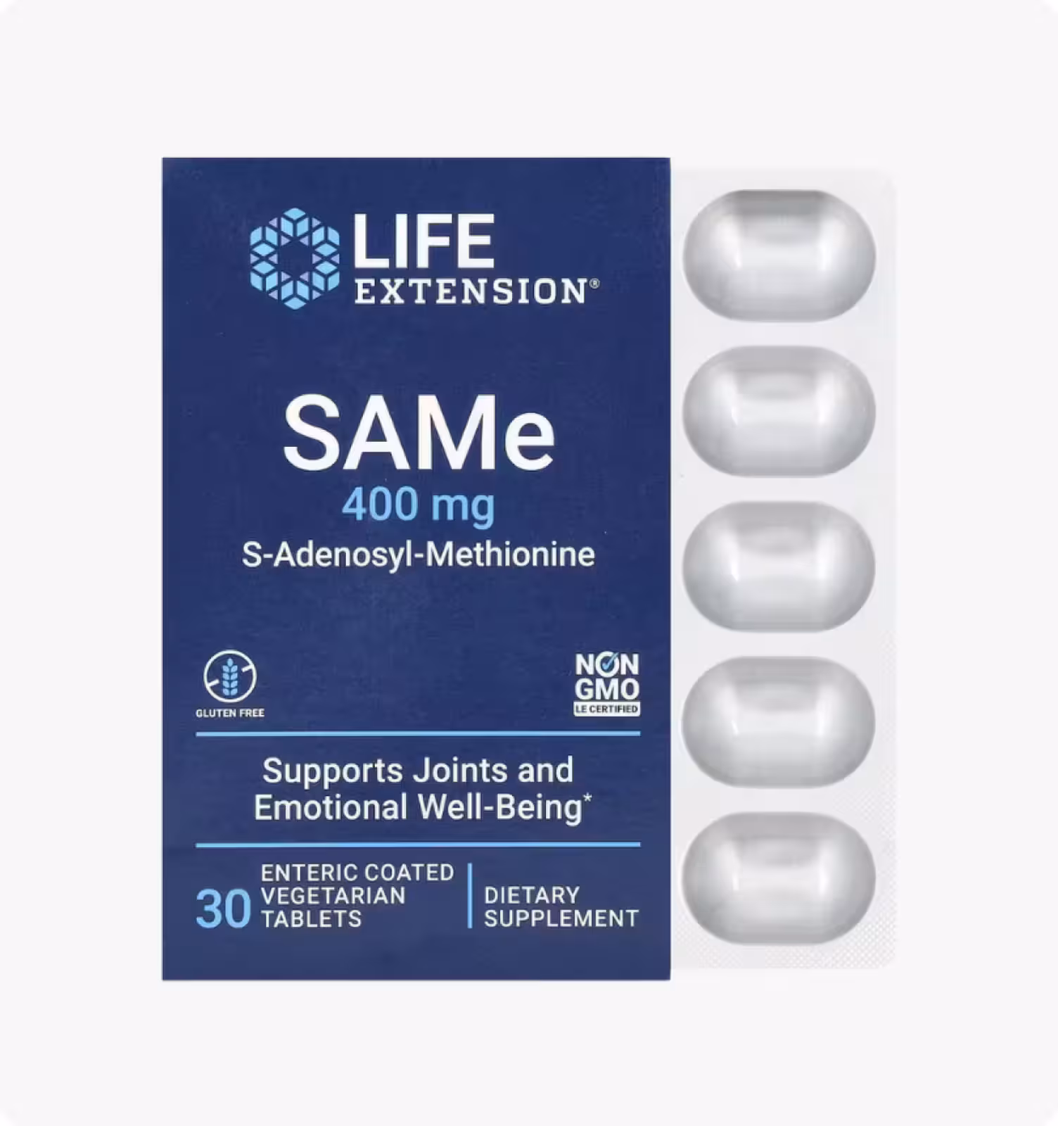 Life Extension, SAMe (S-аденозилметионин), 400 мг, 30 вегетарианских таблеток, покрытых кишечнораств