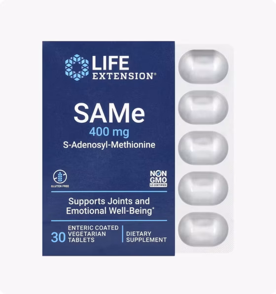 Life Extension, SAMe (S-аденозилметионин), 400 мг, 30 вегетарианских таблеток, покрытых кишечнораств