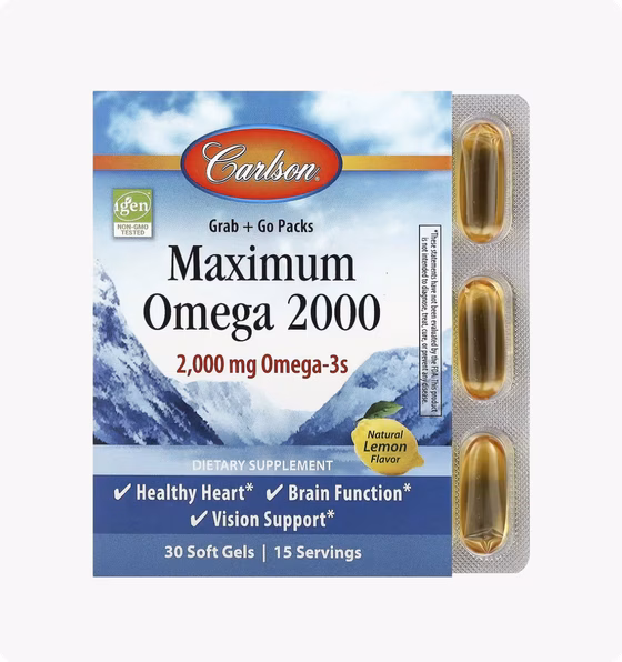 Carlson, Maximum Omega 2000, омега с натуральным лимонным вкусом, 2000 мг, 30 капсул (1000 мг в 1 ка