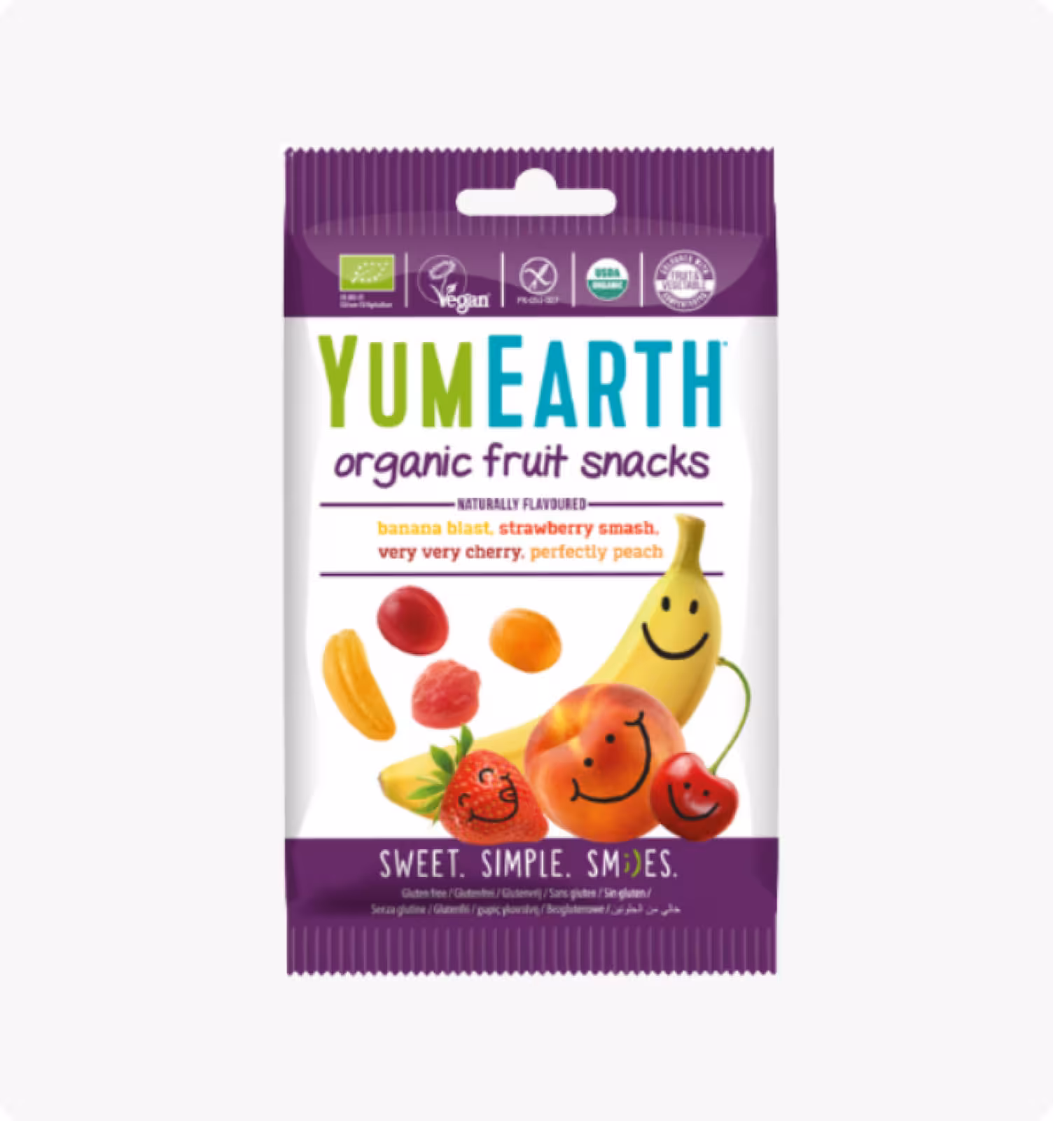 YumEarth, Жевательные конфеты: Клубника, Вишня, Персик, Банан, 50 г