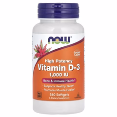 Now Foods, высокоактивный витамин D3, 25 мкг (1000 МЕ), 360 мягких таблеток
